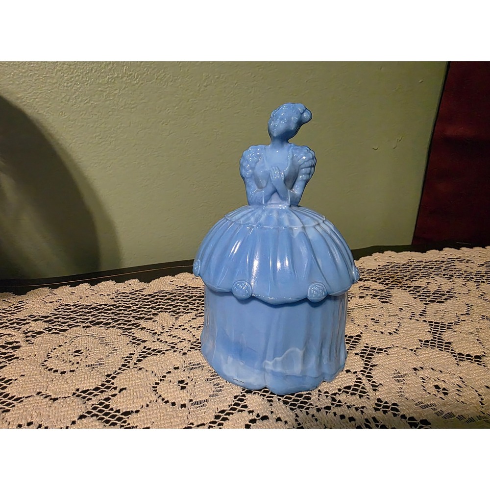 Vintage Akro Agate Blue Slag Glass Colonial Lady Powder Jar Trinket Box USA